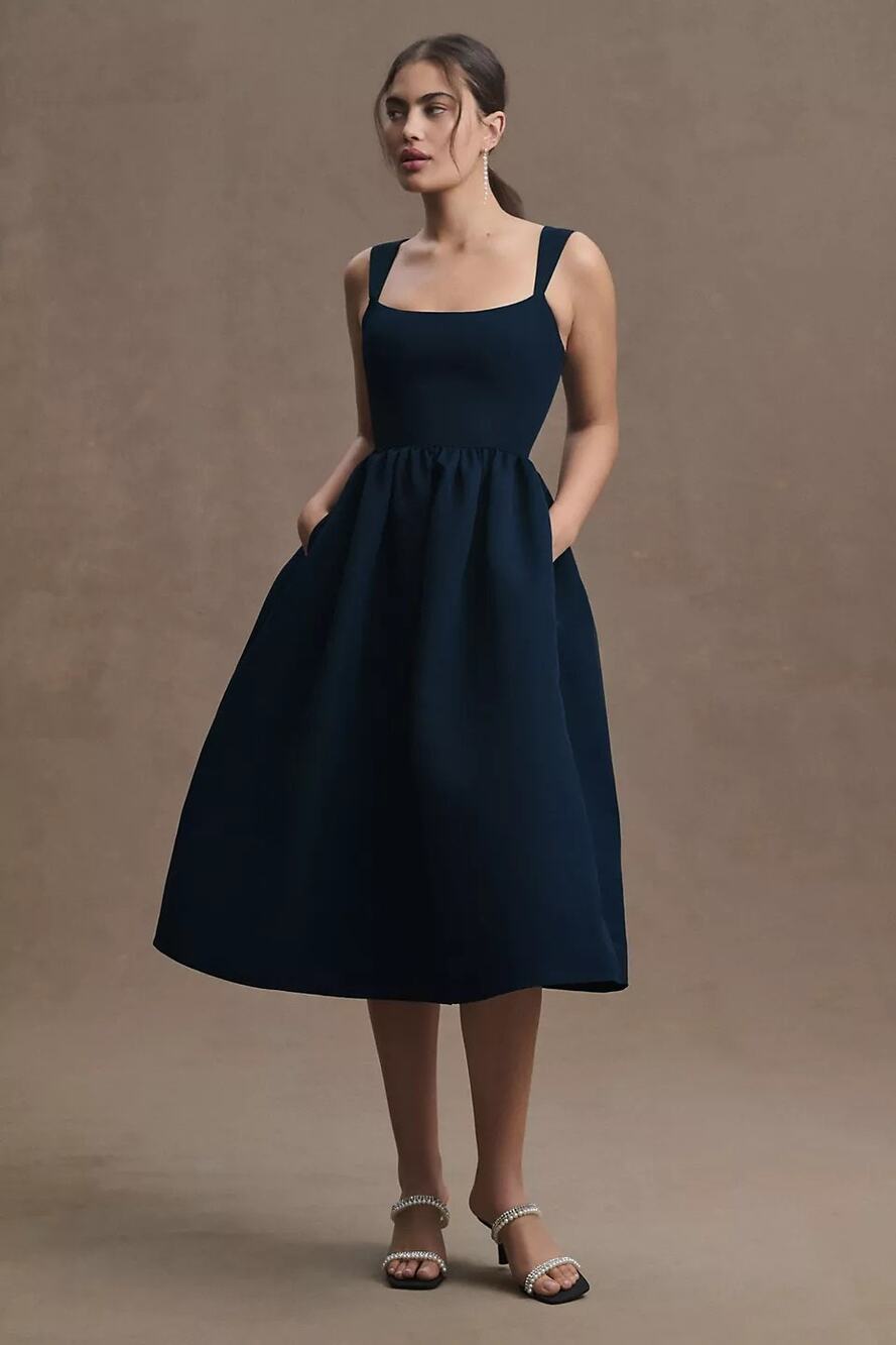New Anthropologie Blaine Square-Neck Taffeta A-Line Midi Dress $268 SIZE 8 Blue